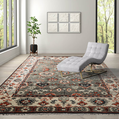 Tapis oriental en laine noué à la main en gris / beige / orange