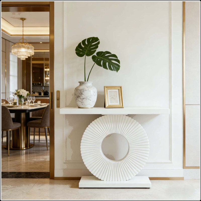 Console moderne 40 "avec base géométrique glamour, Blanc, Blanc, Blanc