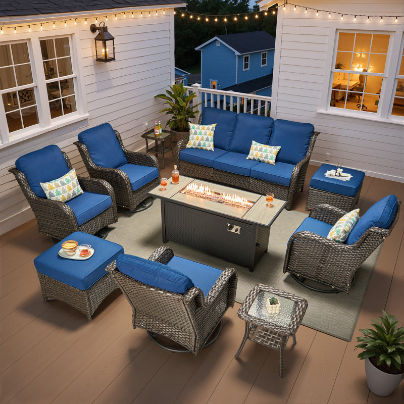 7 - Person Wicker Outdoor Conversation Set, Patio Sofa & Swivel Chair Set with Fire Pit and Cushions, Blue Cushion/Gray Frame