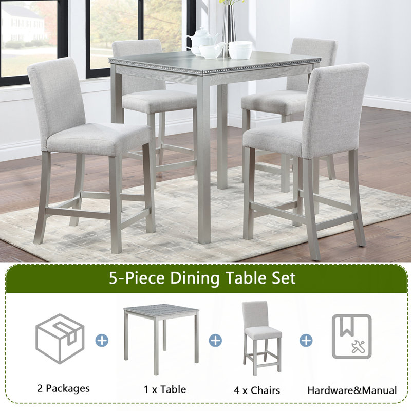 Balachandran Rectangular Dining Set, Silver Gray, Gray Linen, 36" H x 34.5" L x 34.5" W