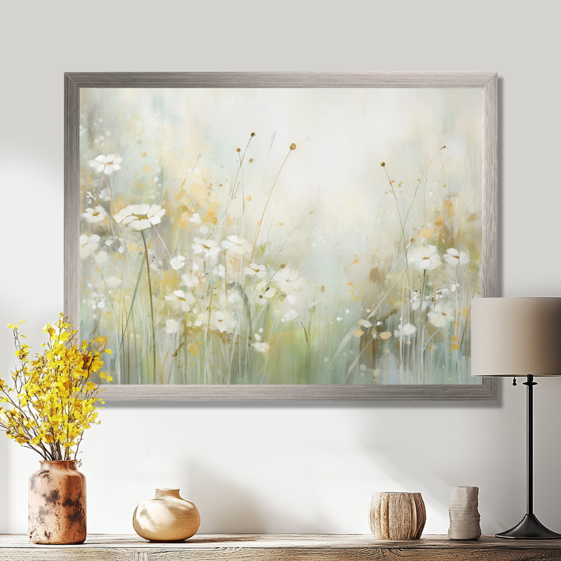 «Green Beige Serene Meadows II - Abstract Botanicals», art mural, Cadre simple argenté, H 24 po x l 32 po x P 1 po