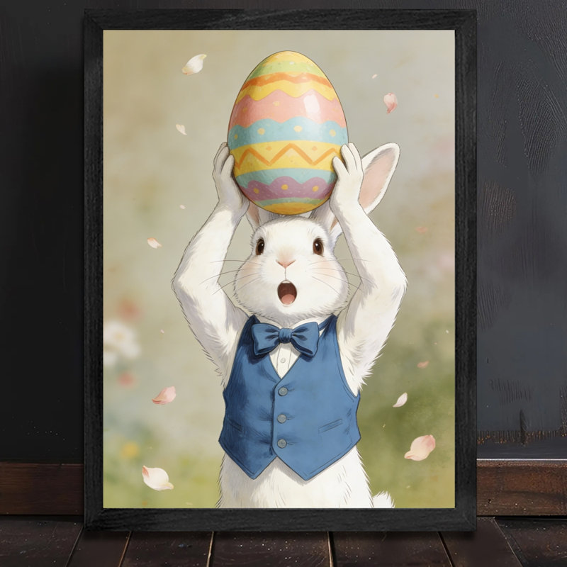 Oeuvre encadrée noire minimaliste prête à être suspendue Lapin blanc portant un gilet bleu, H 37 po x l 25 po