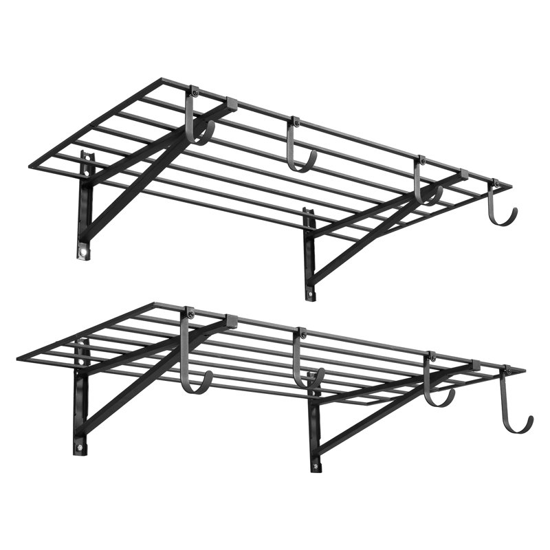 Étagère de garage murale robuste à 2 niveaux, étagère murale en acier 2 x 4 pi avec crochets, support de rangement flottant en métal 24 x 48 po par tablette pour le garage, capacité de poids totale de 520 lb, noir