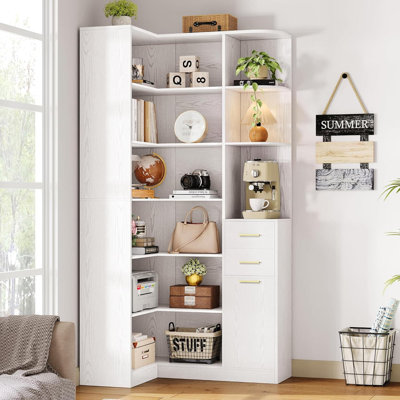 6-Tier Corner Bookshelf With Storage Drawers, L-Shaped Bookcase With 10 Open Shelves For Living Room, Home Office, And Bedroom Organization