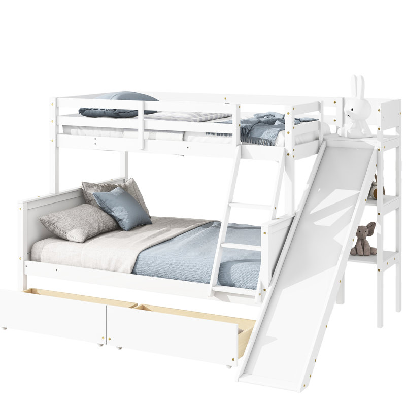 Lit superposé simple au-dessus de double avec tiroirs de rangement, glissière et tablettes - bois d'hévéa, Blanc