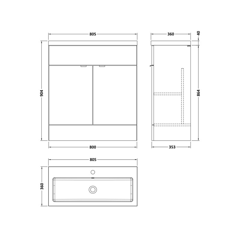 803mm Single Bathroom Vanity with Drop In Poly Marble Basin