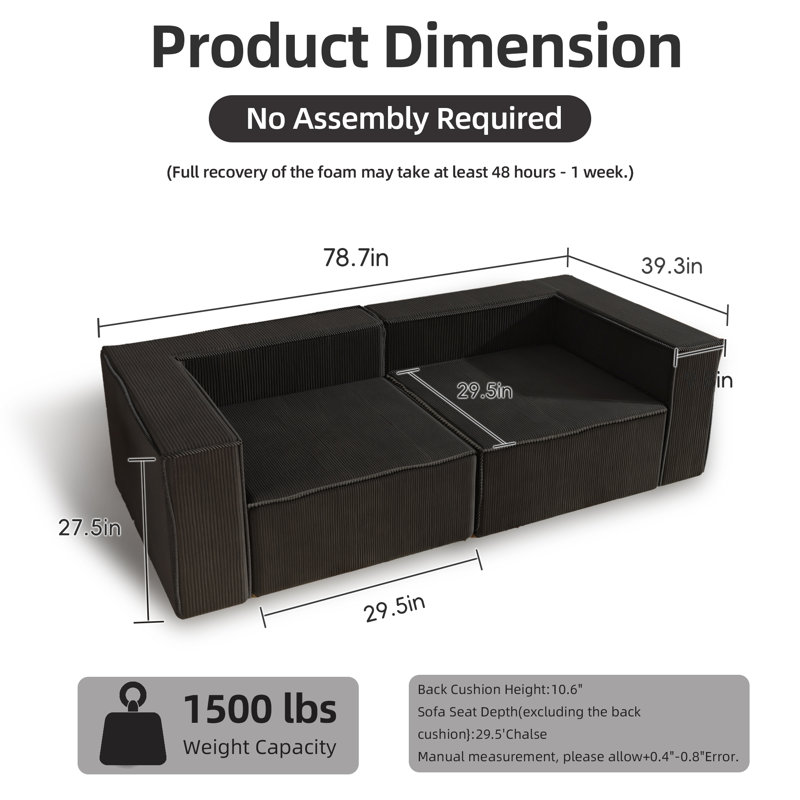  78" Modern Cloud Couch Modular Couch Courdoroy Sofa Boneless Couch, Black