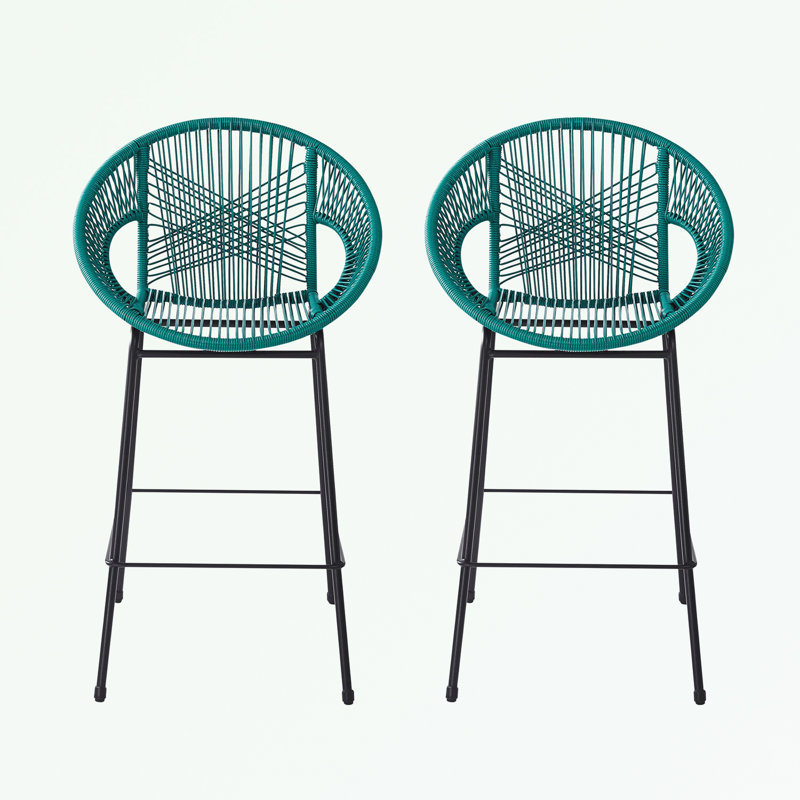 Outdoor Patio Faux Wicker Barstool Set of 2  with metal legs, Teal