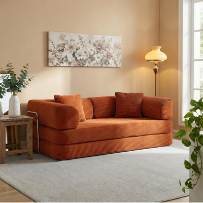 Compression  Foldable Three Person Corduroy Fabric Sofa Bed with High-Rebound Density Sponge,With 2 Pillows,No Assembly 