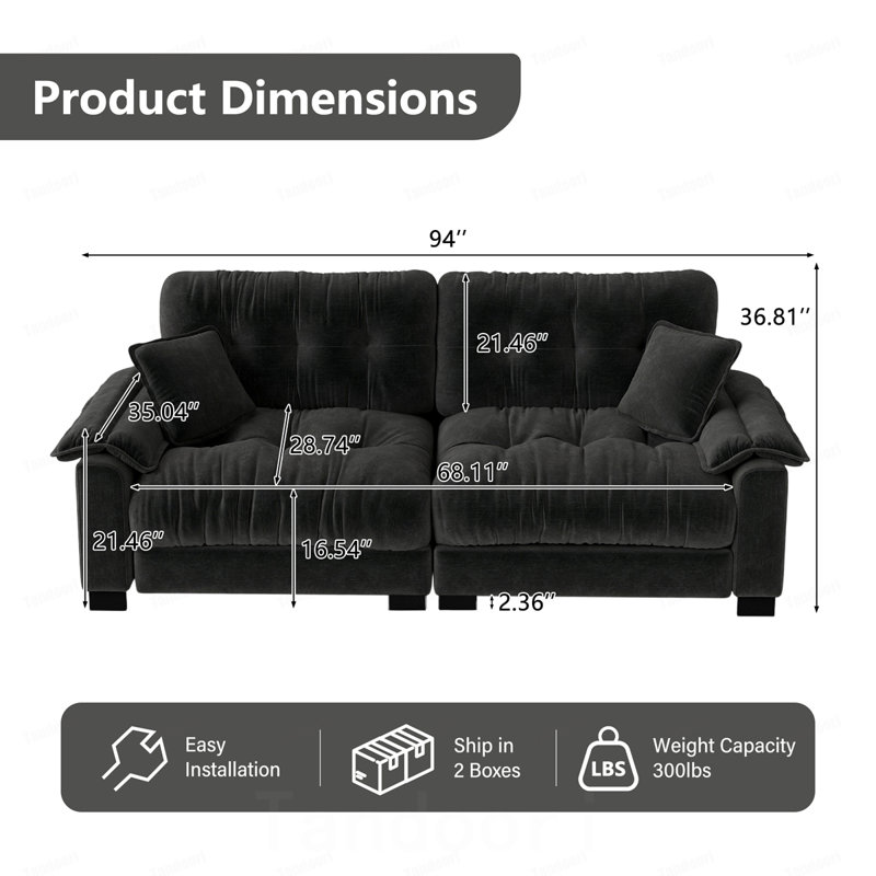 Canapé en chenille plissé 3 places avec support à ressorts durable et coussins en mousse épaisse et dense, Chenille - noir
