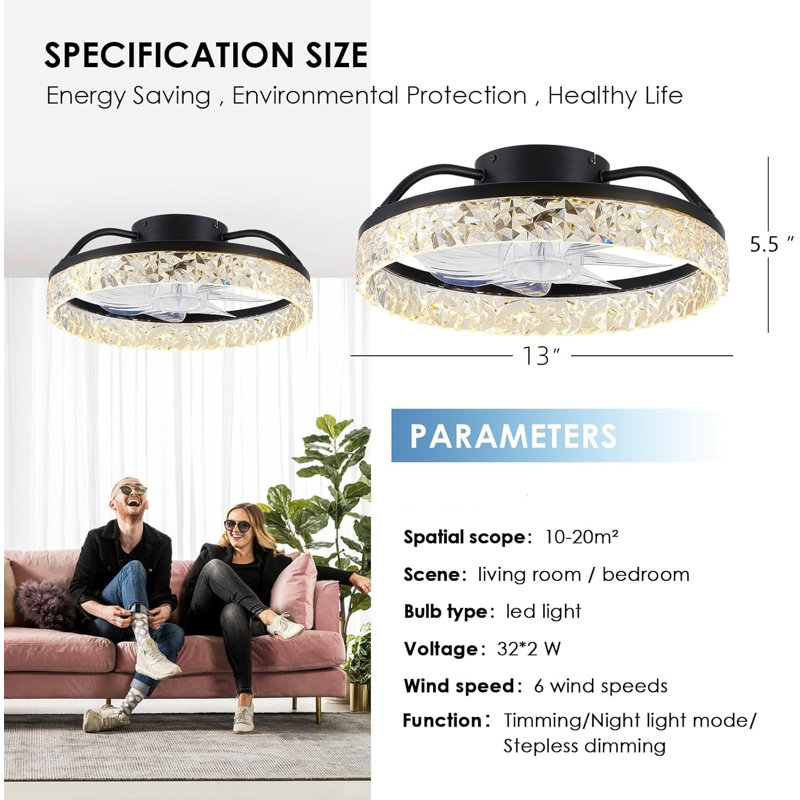 13 petits ventilateurs de plafond encastrés modernes avec lumières et télécommande, Noir
