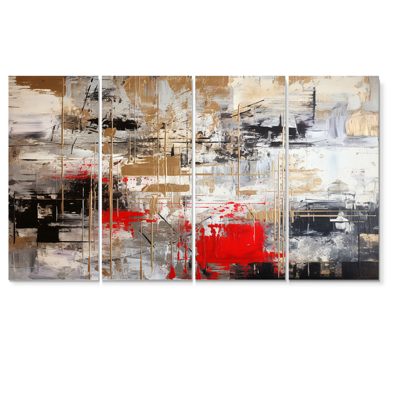 «Red Gold Abstract Minimalisme - Art mural géométrique», 4 pièces, H 28 po x l 48 po