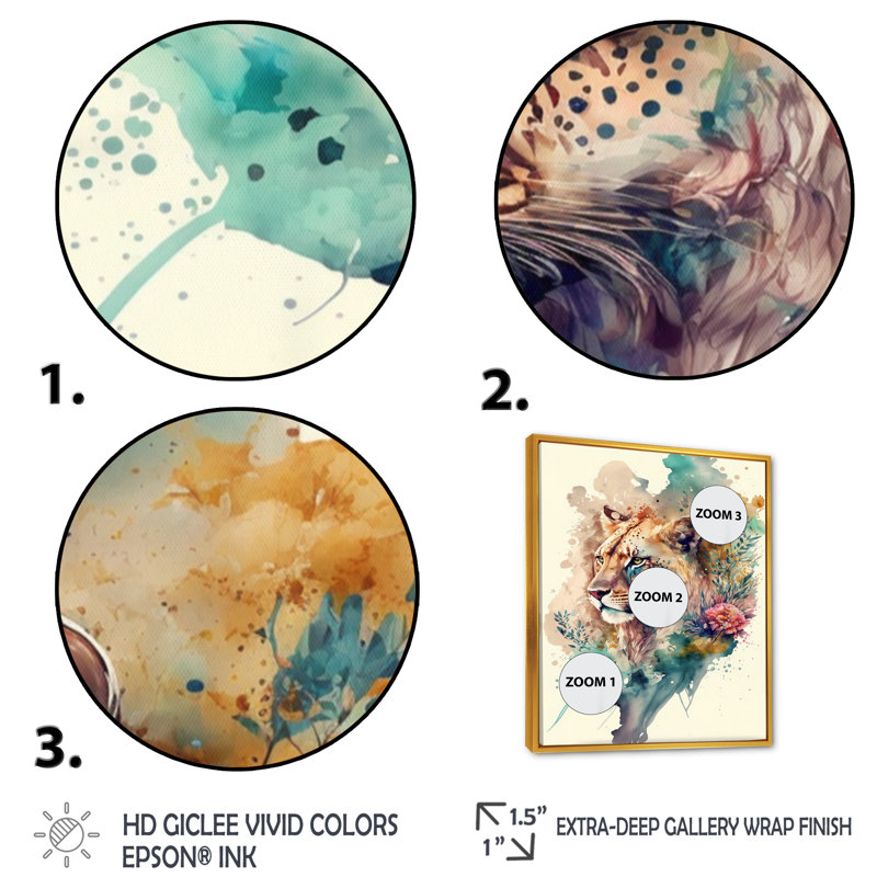 «Cute Lions Floral II», impression sur toile, H 32 po x l 24 po x P 1 po, Cadre flottant doré