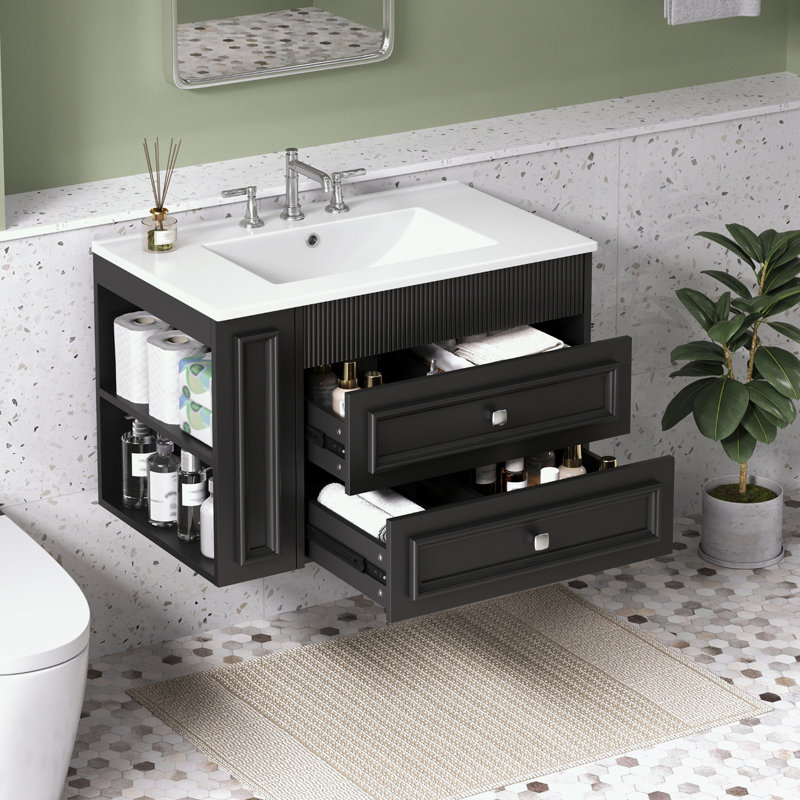 Meuble-lavabo mural avec lavabo et 2 tiroirs, Noir