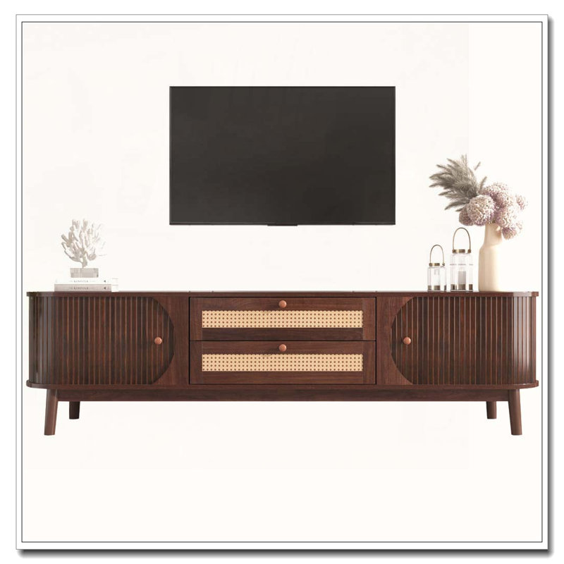 Rattan TV Stand for TVs up to 75'', Modern Farmhouse Media Console, Entertainment Center with Solid Wood Legs, Brown/Natural