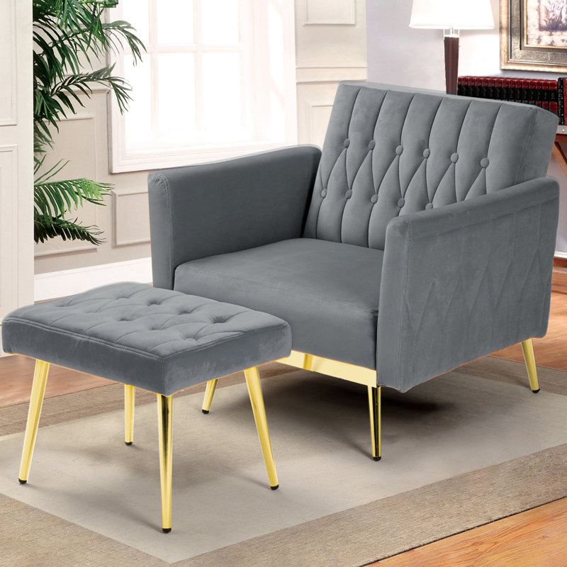 Siemon Velvet Accent Chair with Ottoman, Gray Velvet