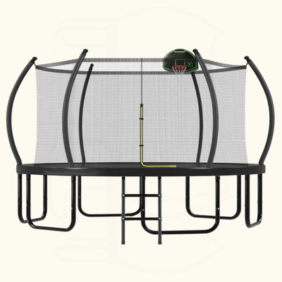 Round Outdoor Trampoline with Curved Poles, Safety Enclosure Net, Basketball Hoop and Access Ladder for Kids & Adults