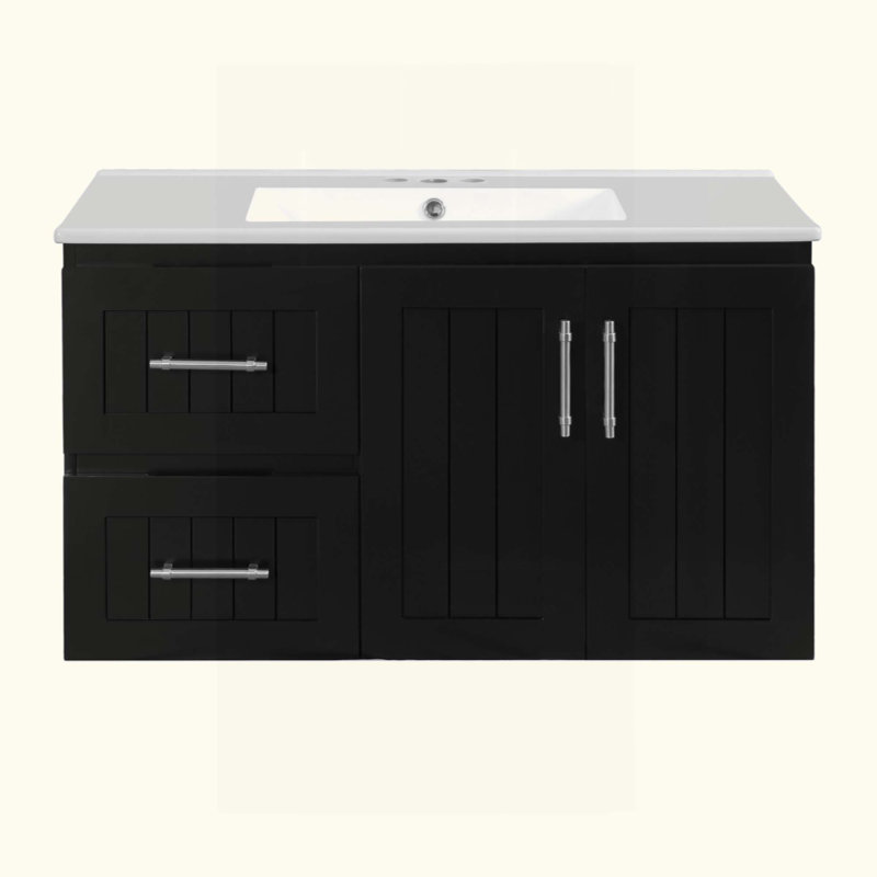 Meuble-lavabo mural, armoire de rangement flottante avec 2 tiroirs, lavabo simple en céramique à 3 trous, armoire moderne avec tablette réglable