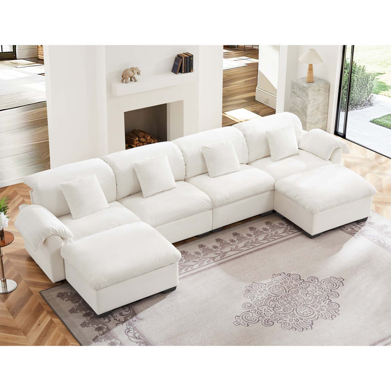 Grand canapé modulaire à assise profonde en forme de U avec sièges de rangement et 2 repose-pieds de rangement, Velours blanc
