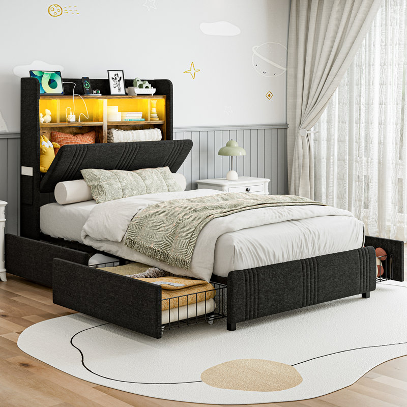 Structure de lit simple TG avec tête de lit cachée à oreilles et 4 tiroirs de rangement, tête de lit tapissier de 49,2 po de hauteur avec lumières à DEL et station de charge, aucun sommier requis, lattes en bois massif, silencieux, noir