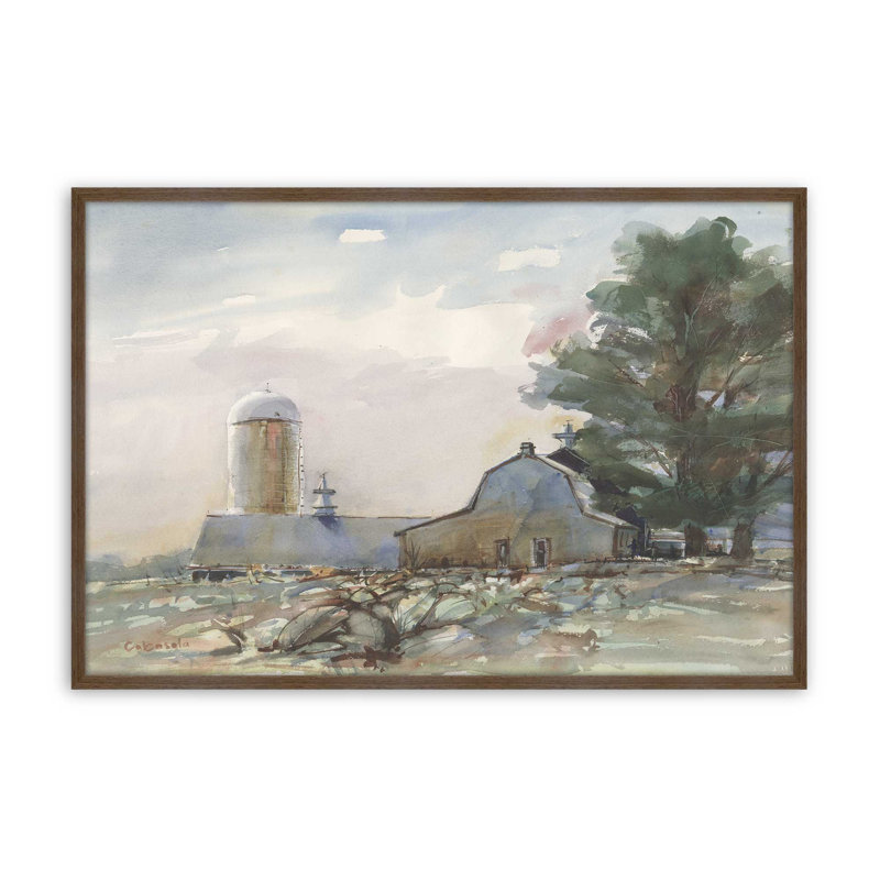 «Connecticut Valley Farm» par Stephen Calcasola, reproduction d'art, H 24 po x l 32 po, Brun