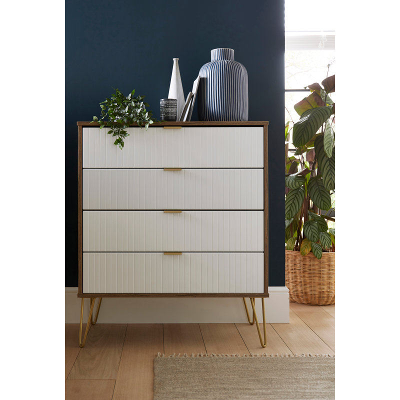 Fully Assembled Aliziah 5 - Drawer Chest of Drawers, White Matt/Vintage Oak