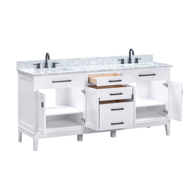 Madison 72" Double Bathroom Vanity Set, White, 61", Cala White Engineered Stone
