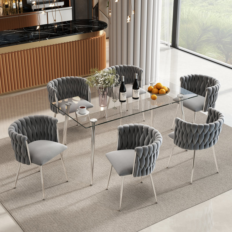Ensemble de salle à manger rectangulaire moderne avec chaise rembourrée, 7 pièces : table, 6 chaises, Gris/argent, Argent