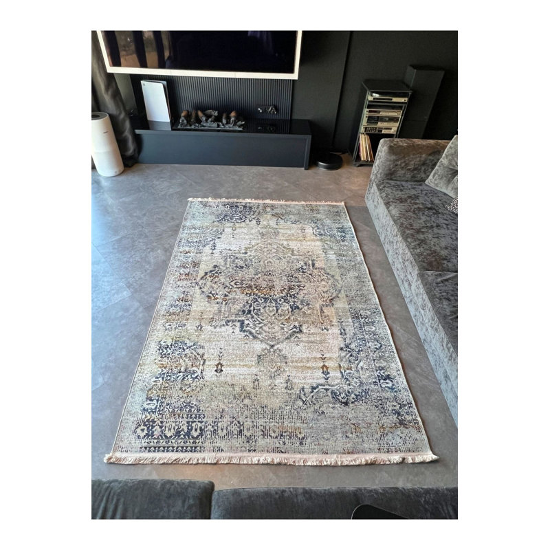 Tapis beige délavé de style rétro à base tissée bleu marine, Sous-tapis rectangulaire 3 pi 11 po x 5 pi 11 po i