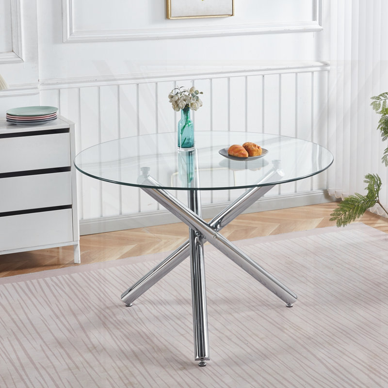 Table de salle à manger chromée avec pieds en métal et verre, H 29,13 po x L 43,3 po x l 43,3 po, Chrome chrome