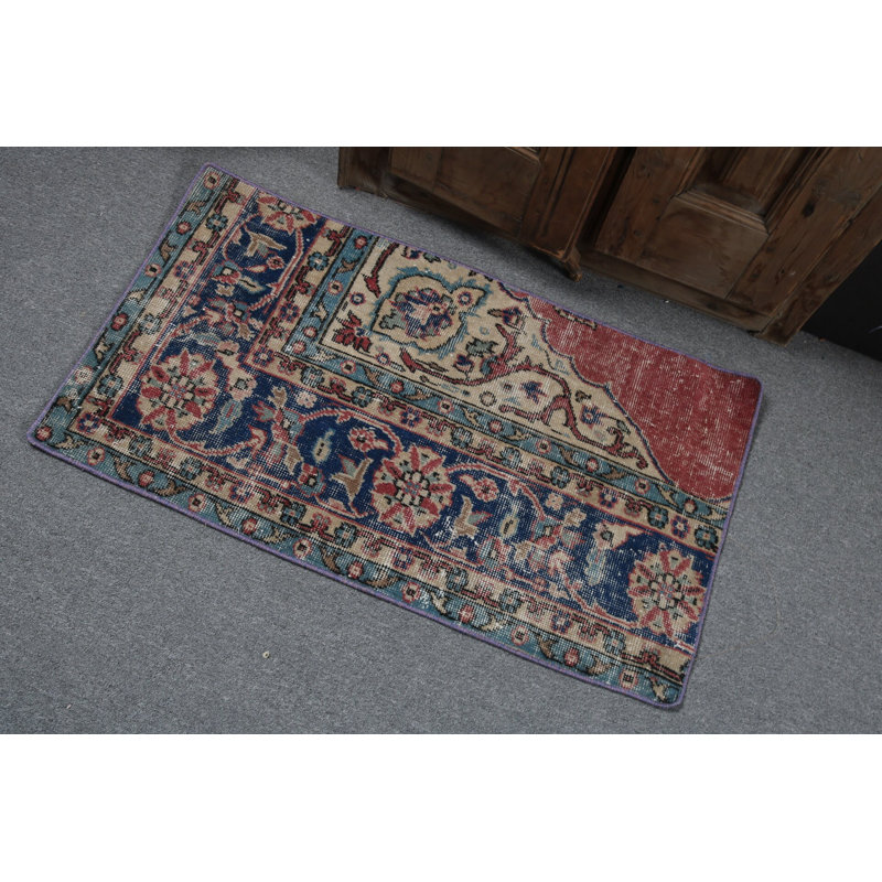Stunning Vintage Turkish Door Mat with Handcrafted Floral Designs in Rich Blue and Red Hues
