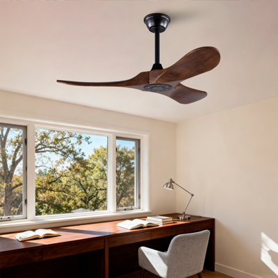 Ventilateur de plafond en bois massif, extérieur, 3 pales, sans lumière, noyer, pour porche de chambre à coucher pour patio, télécommande, résistant à l'eau