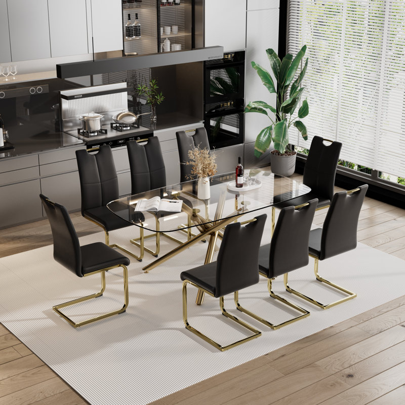 Rectangle Glass Pedestal Dining Set, 9, Black