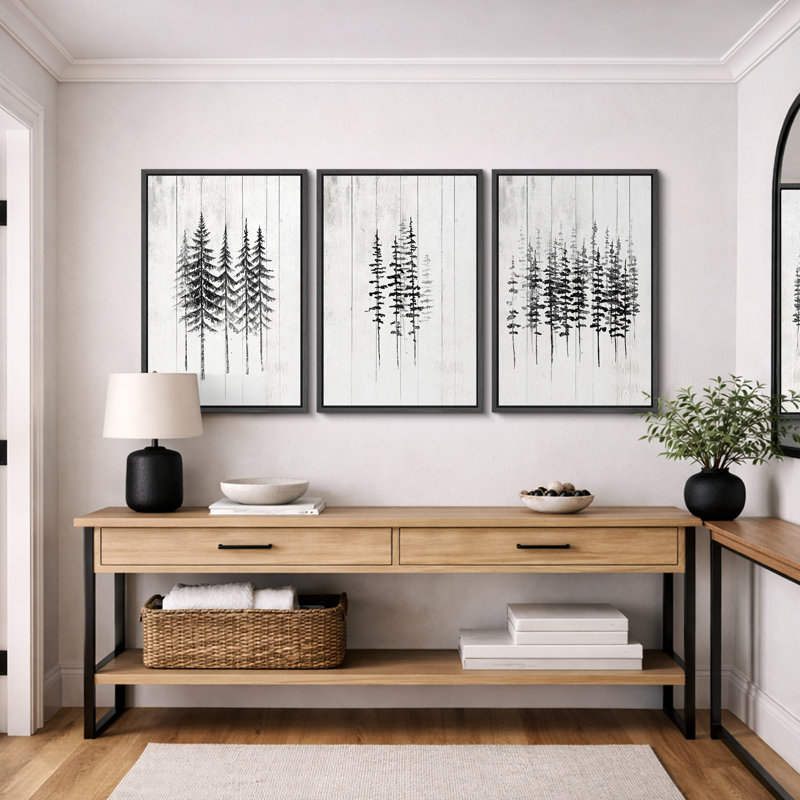 "Minimal Botanical", illustration de pins noirs et blancs, photos de bois de ferme rustique moderne, impression encadrée sur toile giclée, 3 pièces "16" x 24 "x 3 pièces, 24" x 36 "x 3 pièces