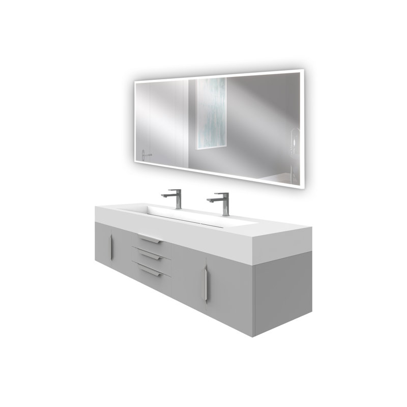Ensemble de meuble-lavabo double mural 72 "avec miroir Nile, Blanc, gris, Or
