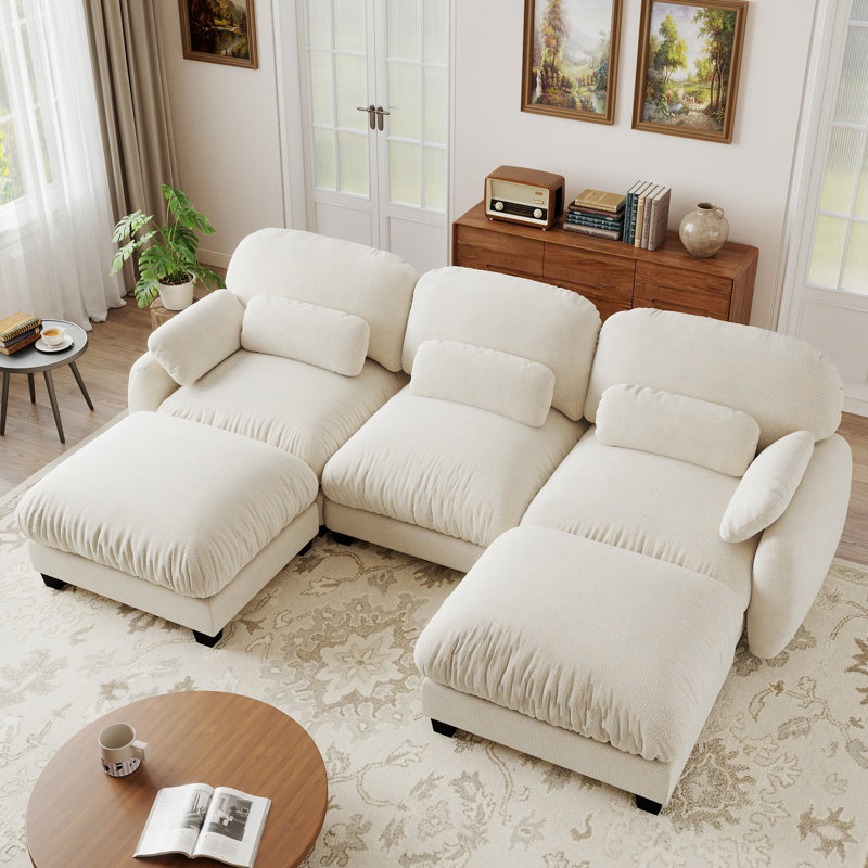 Upholstered 104.3 " Chenille Sectional, 3-Seater Sofa + 2 Ottomans, Beige