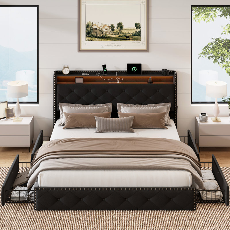 Upholstered Platform Bed with 4 Storage Drawers, Velvet Queen Size Bed with Storage Shelf Headboard&Charging Station&Led Lights, Black