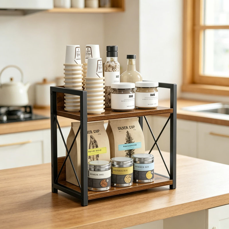 Organisateur de comptoir de cuisine à 2 niveaux, étagère à épices et tablette de café avec cadre en métal robuste, solution de rangement multifonctionnelle pour garde-manger et bureau