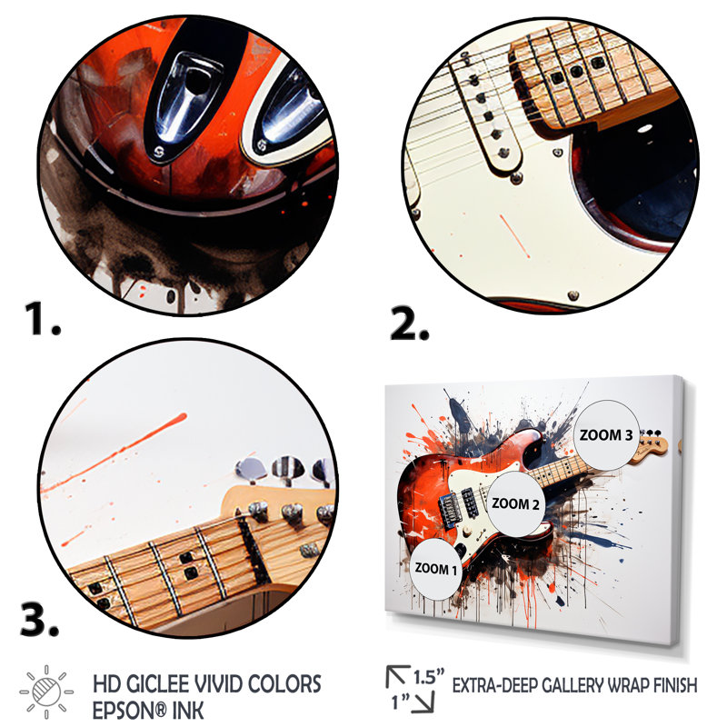 «Red Fluid Brown», guitare, art mural, H 40 po x l 61 po, Toile tendue