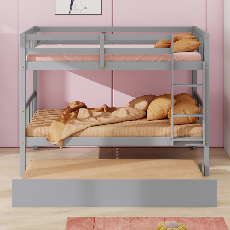 Bunk Bed With Trundle, Featuring Ladder And Safety Guardrails, Gray