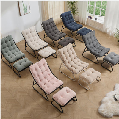 Patio Outdoor Lounge Chair with Ottoman, Comfy Sling Recliner Chair with Puffy Cushion and Foot Stool, Ideal for Living Room, Bedroom, Reading Room, Beige frame with beige cushion