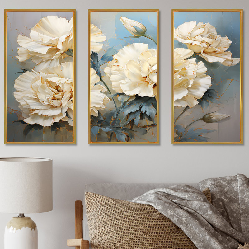 «Beige oeillets sur bleu I», ensemble d'art mural sur toile, Cadre flottant doré, H 40 po x l 60 po x P 1 po