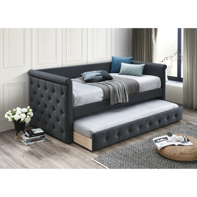 1Pc Day Bed W/ Slat Trundle Button Tufted Contemporary Bedroom Furniture, Charcoal