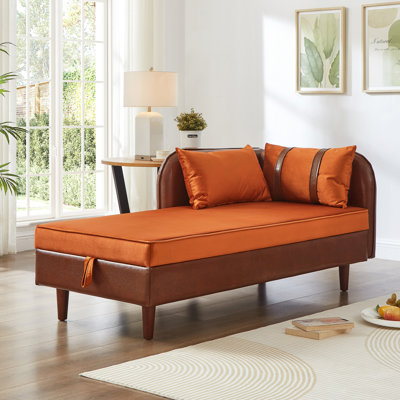 Canapé-lit de rangement de 165 cm, cuir brun et velours orange, structure en bois massif, dossier confortable, quatre couleurs disponibles. Chaise longue de 165 cm avec rangement et coussins moelleux, facile à monter.