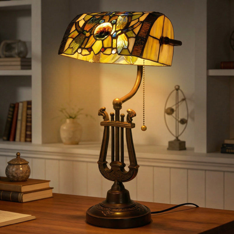 17.5" Vintage Bankers Lamp With Pull Chain Switch Tiffany Stained Glass Shade Table Lamp (Bulb Included)