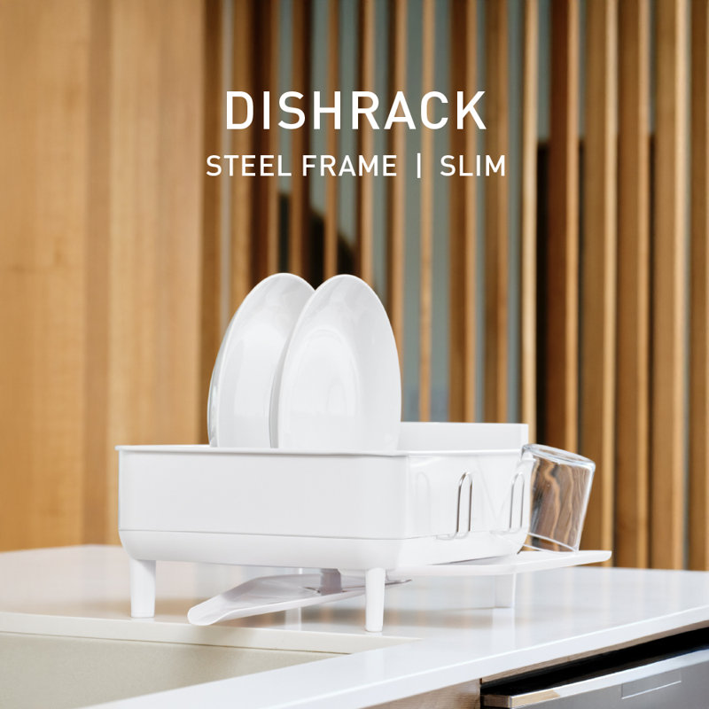 simplehuman Compact Kitchen Dish Drying Rack with Swivel Spout, Fingerprint-Proof Stainless Steel Frame, White Steel/White