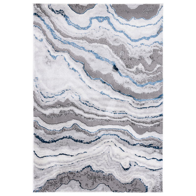 Grey and Blue Abstract Hand-knotted Rectangular Rug
