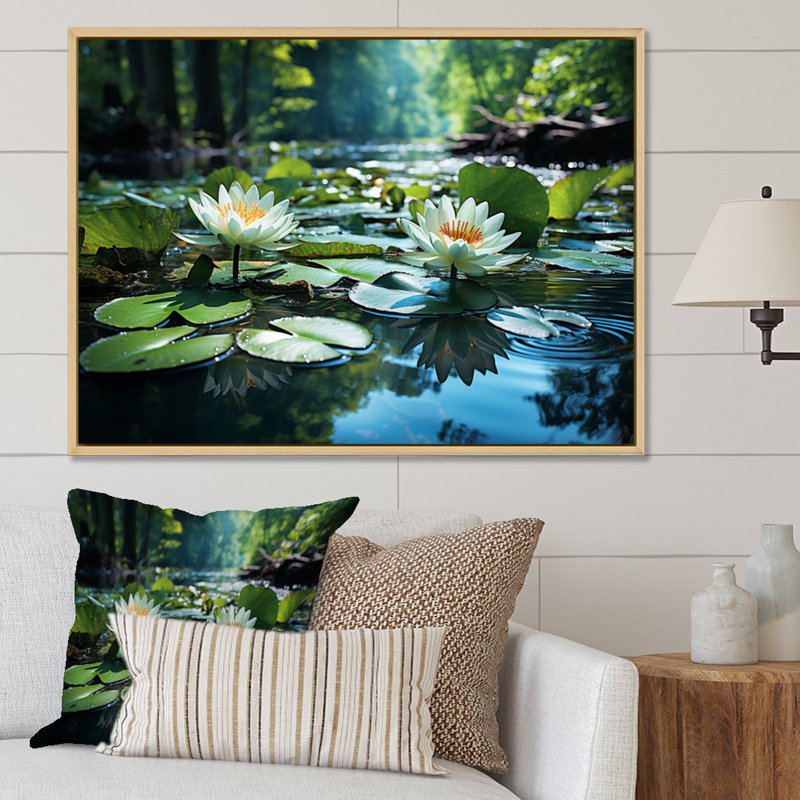 " Country Charm Tranquil Pond ", 24" H x 32" W x 1" D, Brown Floater Framed
