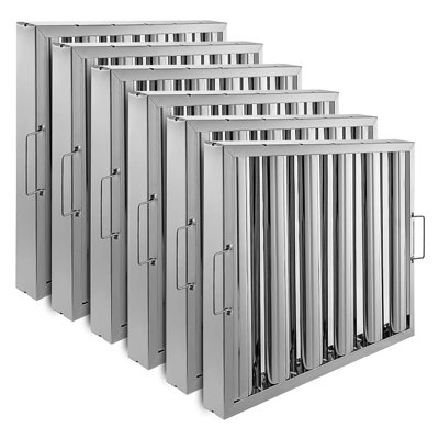 Lot de 6 filtres pour hottes de cuisine en acier inoxydable 430, dimensions : 49,5 x 39,4 x 4,8 cm, conception à 5 rainures pour systèmes d'extraction et de ventilation de cuisines commerciales.