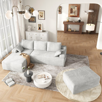 3-piece 104" Corduroy L-shaped Sofa & Ottoman, [upgraded High-density Foam] Modular Sectional, No Assembly